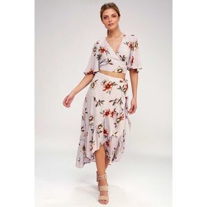 Lavender Floral Print 2 Piece Wrap Midi Dress